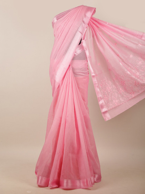 

Pothys Pink & Silver-Toned Floral Embroidered Zari Linen Blend Saree