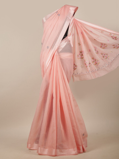 

Pothys Pink & Grey Ethnic Motifs Embroidered Linen Blend Saree