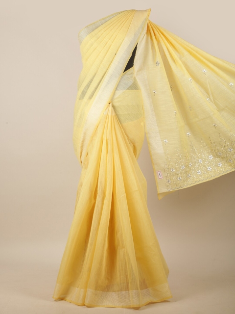 

Pothys Yellow & Silver-Toned Floral Embroidered Linen Blend Saree
