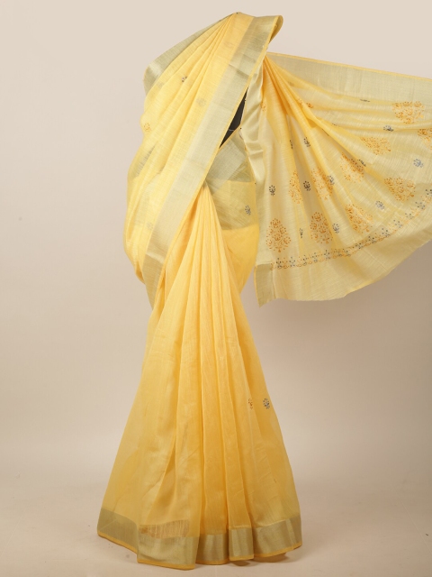

Pothys Yellow & Grey Ethnic Motifs Embroidered Linen Blend Saree