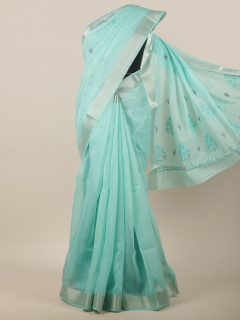 

Pothys Green Floral Embroidered Linen Blend Saree