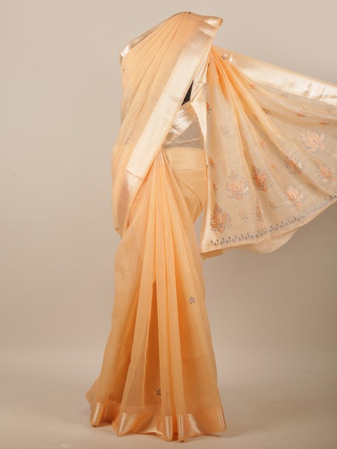 

Pothys Peach-Coloured Floral Embroidered Linen Blend Saree