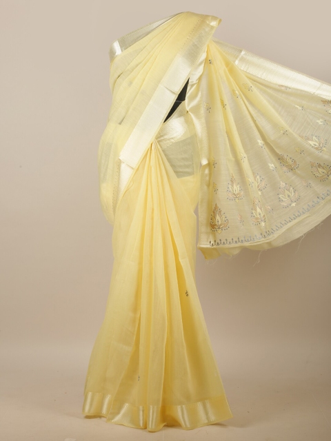 

Pothys Yellow & Silver-Toned Ethnic Motifs Embroidered Linen Blend Saree