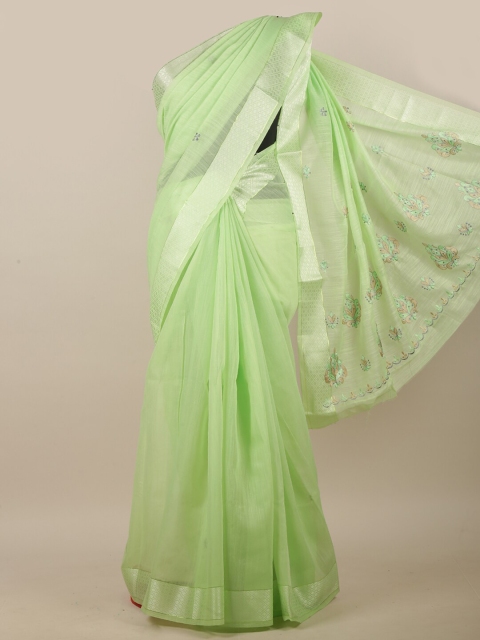 

Pothys Green Floral Embroidered Linen Blend Saree