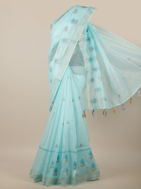 

Pothys Blue Floral Embroidered Linen Blend Saree