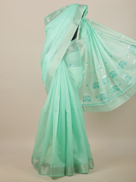 

Pothys Green & Silver-Toned Embroidered Linen Blend Saree