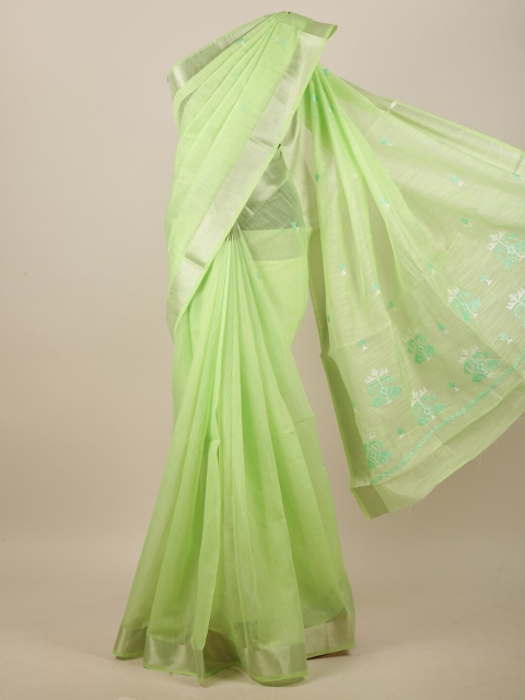 

Pothys Green & Silver-Toned Embroidered Linen Blend Saree