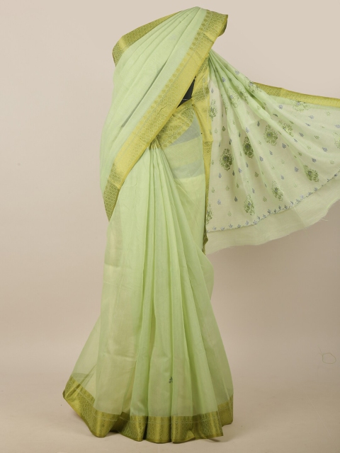 

Pothys Green & Gold-Toned Ethnic Motifs Embroidered Linen Blend Saree