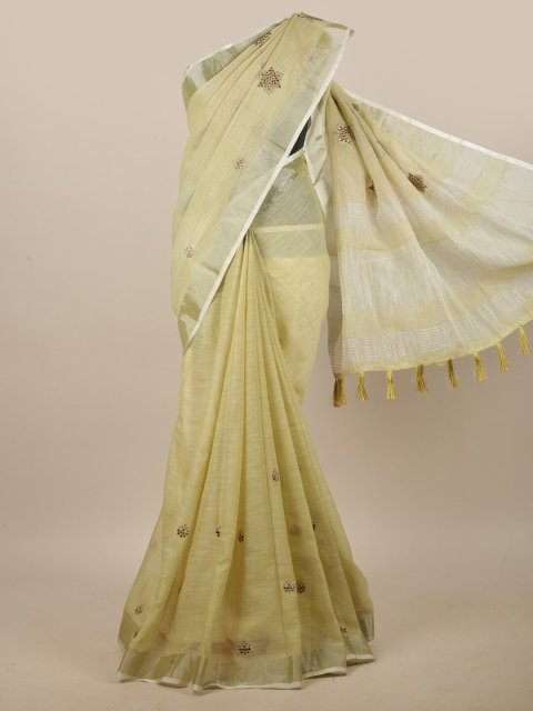 

Pothys Green & Silver-Toned Ethnic Motifs Embroidered Linen Blend Saree