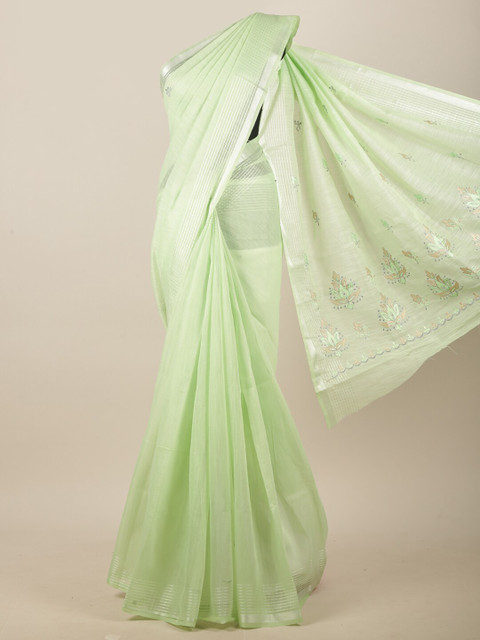 

Pothys Green & Silver-Toned Ethnic Motifs Embroidered Linen Blend Saree