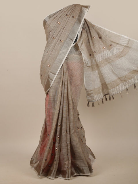 

Pothys Brown & Silver-Toned Floral Embroidered Linen Blend Saree