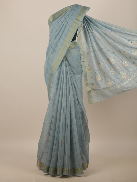 

Pothys Blue & Gold-Toned Ethnic Motifs Embroidered Linen Blend Saree