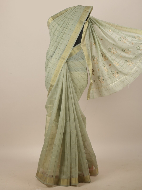 

Pothys Green & Gold-Toned Striped & Embroidered Linen Blend Saree