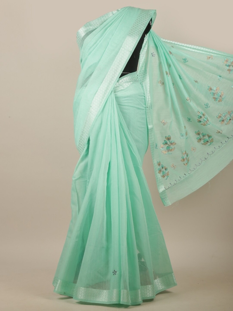 

Pothys Sea Green & Silver-Toned Floral Embroidered Linen Blend Saree