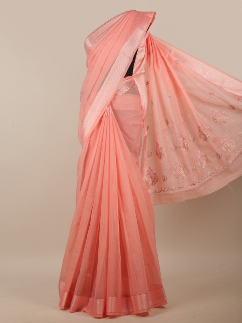 

Pothys Coral & Silver-Toned Floral Embroidered Linen Blend Saree