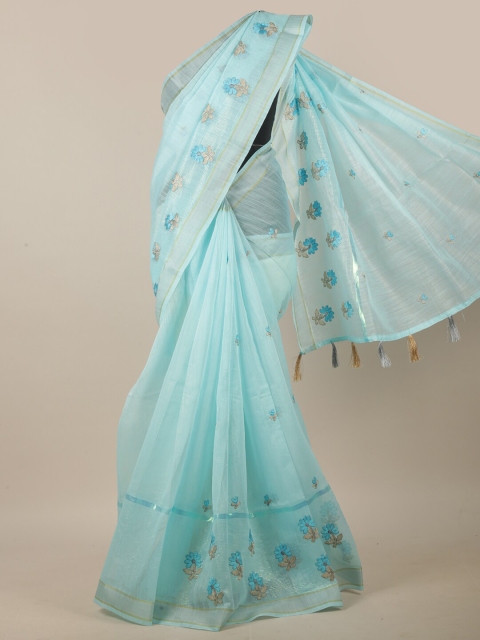 

Pothys Turquoise Blue & Brown Floral Embroidered Linen Blend Saree