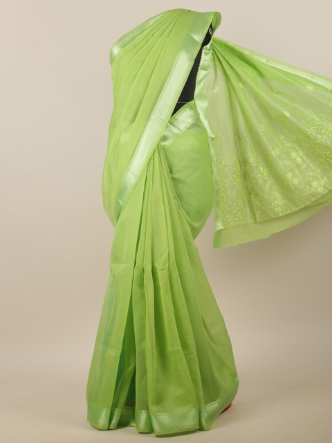 

Pothys Green & Silver-Toned Ethnic Motifs Embroidered Linen Blend Saree