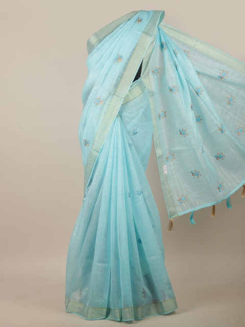 

Pothys Turquoise Blue & Orange Ethnic Motifs Embroidered Linen Blend Saree