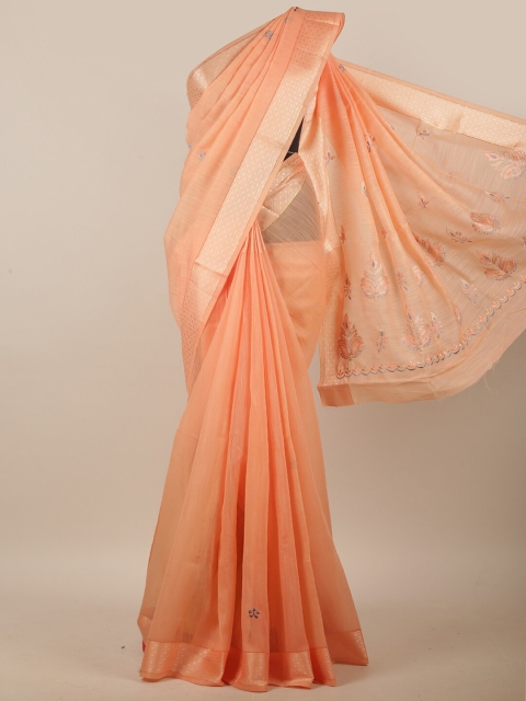 

Pothys Peach-Coloured & Grey Ethnic Motifs Embroidered Linen Blend Saree