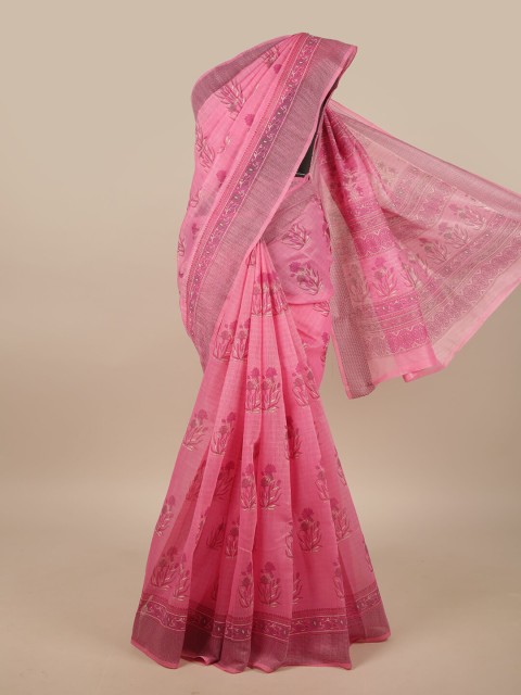 

Pothys Pink & Grey Poly Cotton Blend Floral Printed Saree
