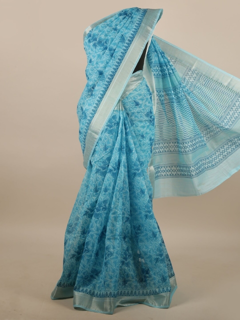 

Pothys Blue & Silver-Toned Cotton Blend Floral Printed Saree