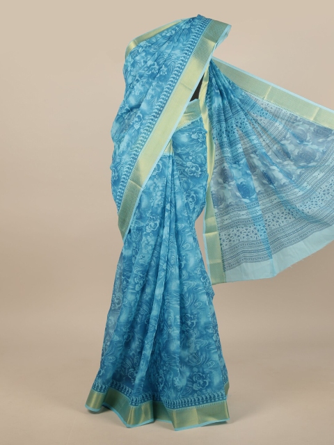 

Pothys Blue Cotton Blend Floral Printed Saree