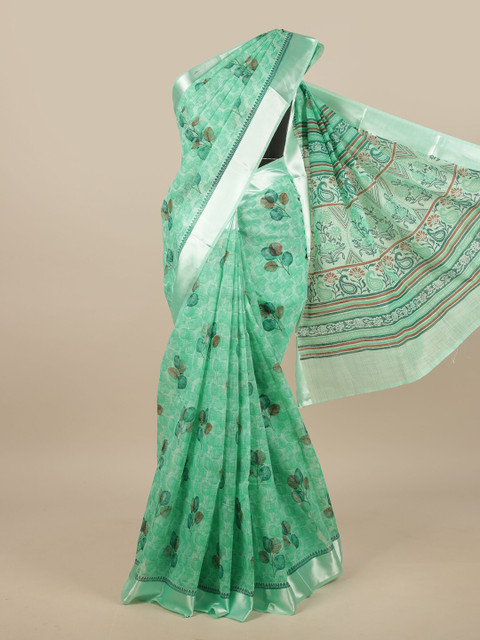 

Pothys Green & Silver-Toned Cotton Blend Floral Printed Saree