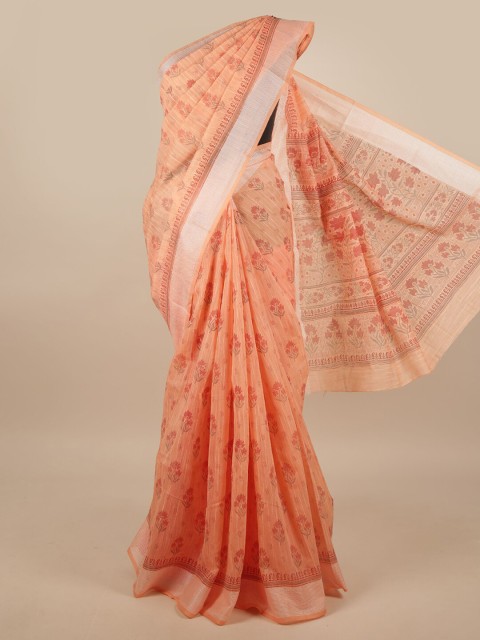 

Pothys Peach-Coloured & Silver-Toned Cotton Blend Floral Printed Saree