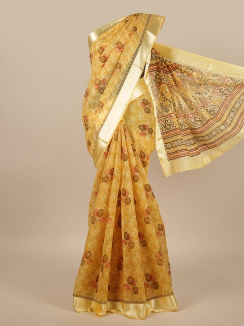 

Pothys Yellow Cotton Blend Floral Printed Saree
