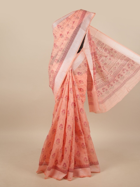 

Pothys Peach-Coloured & Silver-Toned Cotton Blend Floral Printed Saree