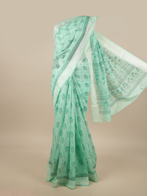 

Pothys Green & Silver-Toned Cotton Blend Floral Printed Saree