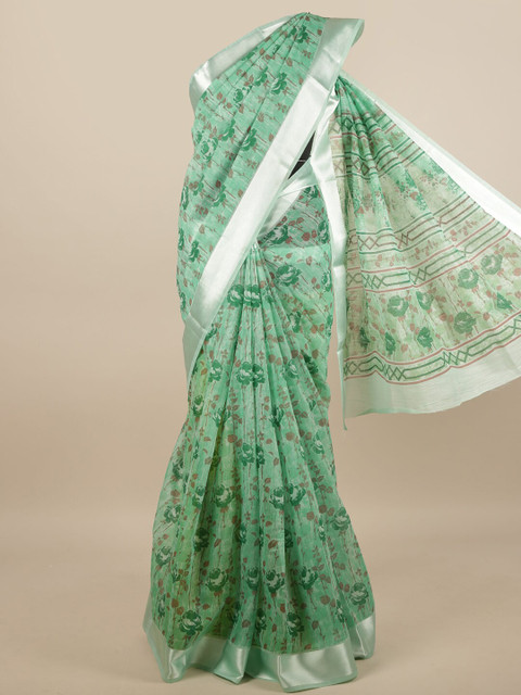 

Pothys Green & Silver-Toned Cotton Blend Floral Printed Saree