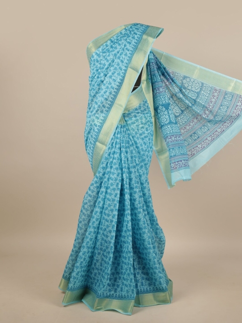 

Pothys Blue & Gold-Toned Cotton Blend Floral Printed Saree