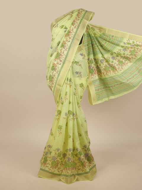 

Pothys Green & Gold-Toned Cotton Blend Floral Printed Saree