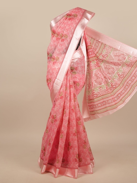 

Pothys Pink & Silver-Toned Cotton Blend Floral Printed Saree