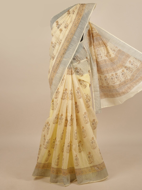 

Pothys Yellow & Grey Cotton Blend Floral Printed Saree, Cream