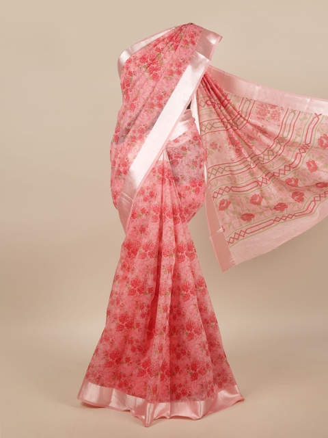 

Pothys Pink & Silver-Toned Cotton Blend Floral Printed Saree