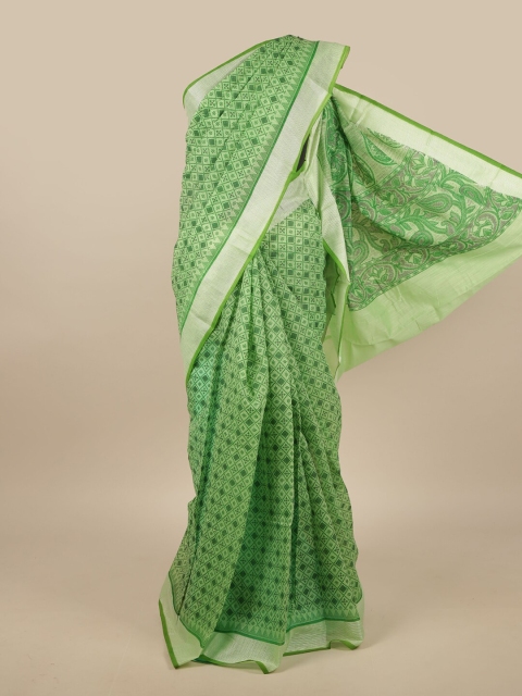 

Pothys Green & Silver-Toned Cotton Blend Geometric Printed Saree
