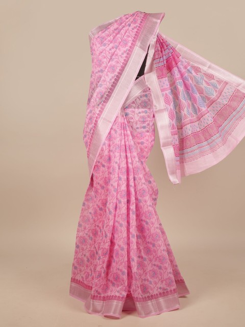 

Pothys Pink & Silver-Toned Cotton Blend Floral Printed Saree