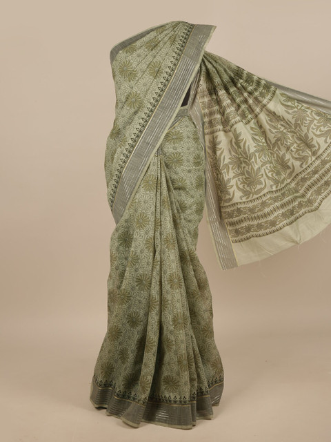

Pothys Green Cotton Blend Floral Printed Saree