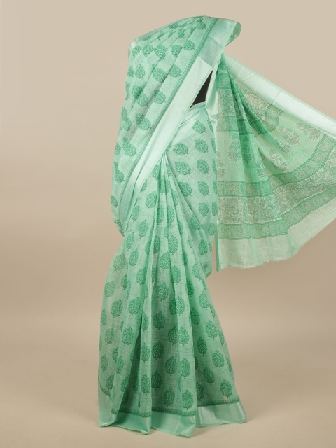 

Pothys Green & Silver-Toned Cotton Blend Floral Printed Saree