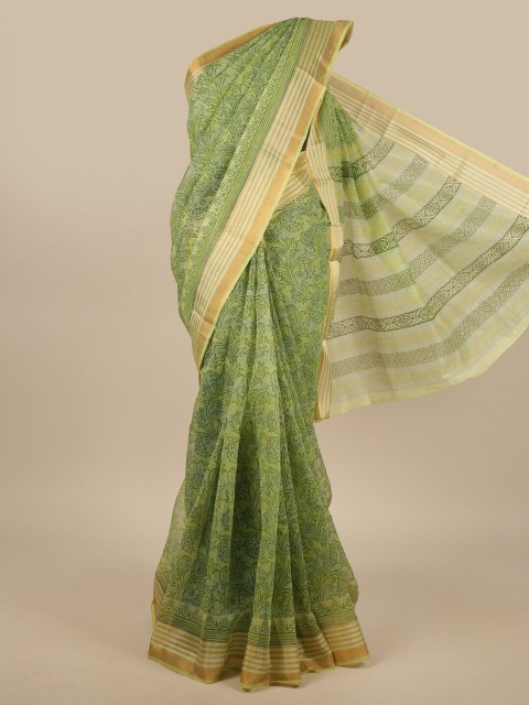 

Pothys Green & Gold-Toned Cotton Blend Floral Printed Saree