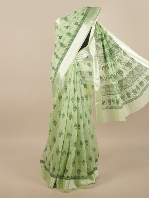 

Pothys Green & Silver-Toned Cotton Blend Floral Printed Saree, Sea green