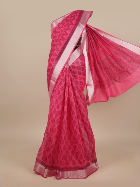 

Pothys Pink & Silver-Toned Cotton Blend Floral Printed Saree