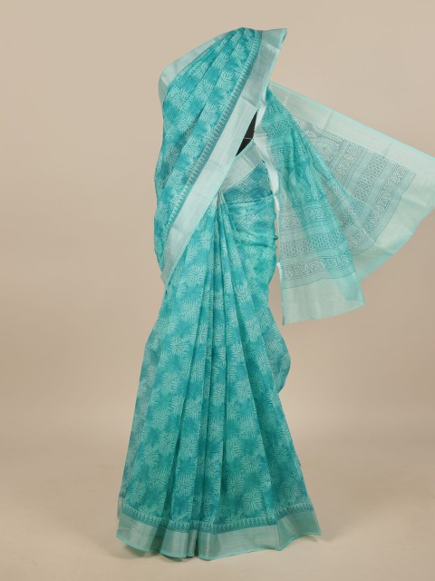 

Pothys Green & Silver-Toned Cotton Blend Floral Printed Saree