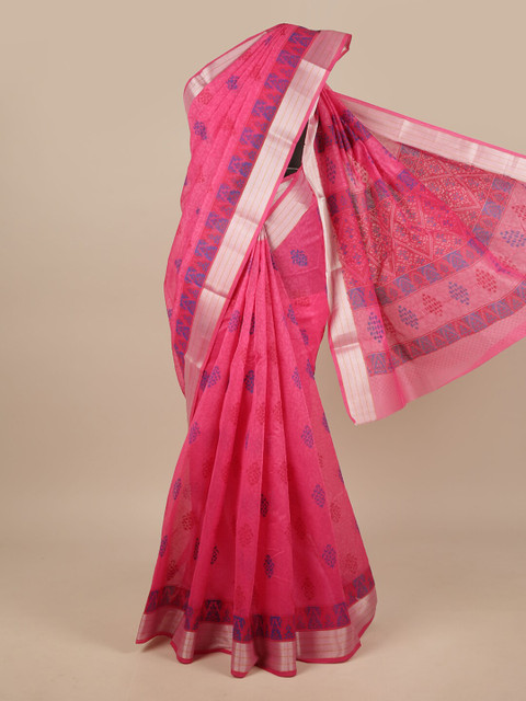 

Pothys Pink & Silver-Toned Cotton Blend Floral Printed Saree