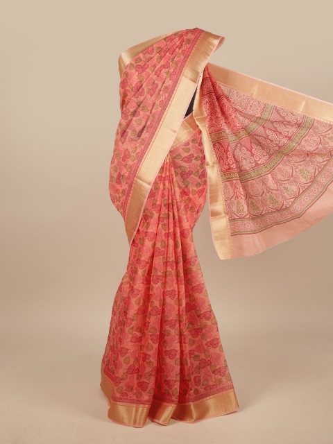 

Pothys Pink & Gold-Toned Cotton Blend Floral Printed Saree