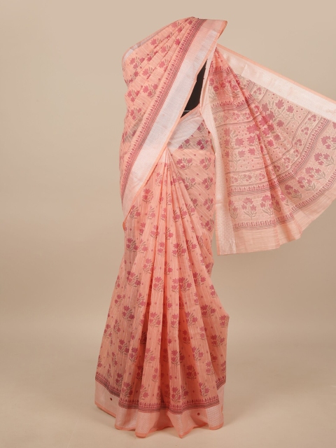 

Pothys Peach-Coloured & Silver-Toned Cotton Blend Floral Printed Saree