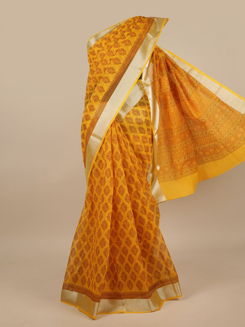 

Pothys Yellow & Silver-Toned Cotton Blend Floral Printed Saree