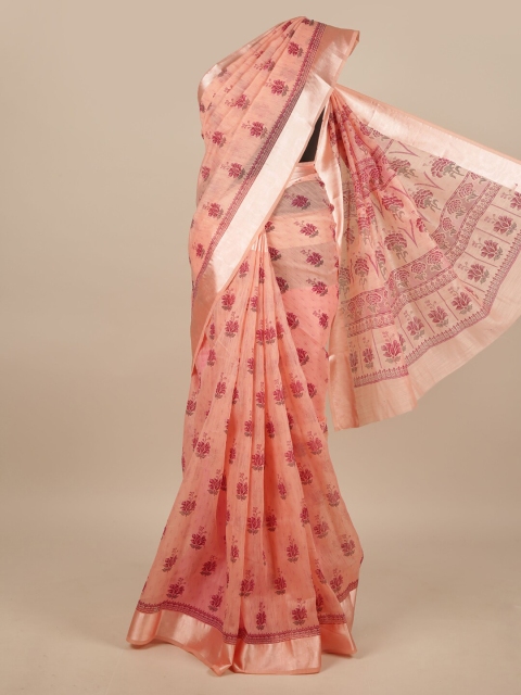 

Pothys Peach-Coloured & Silver-Toned Cotton Blend Floral Printed Saree